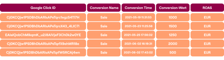 Offline Conversion Tracking Vorlage Beispiel