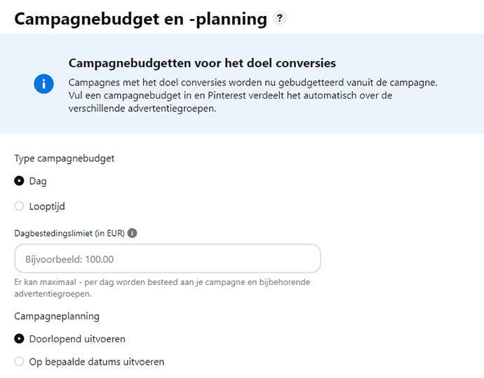 Campagnebudget instellen in Pinterest