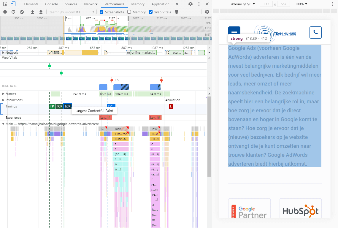 Screenshot van Google Chrome Dev tool en de markering van de LCP op deze pagina