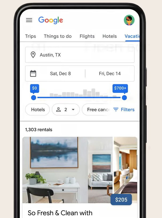 Het is nu ook mogelijk om vakantiehuizen te huren onder de 'hotel' tab van Google