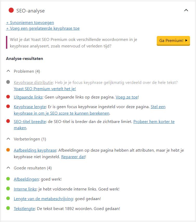 Analyse resultaat van de Yoast SEO plugin in WordPress