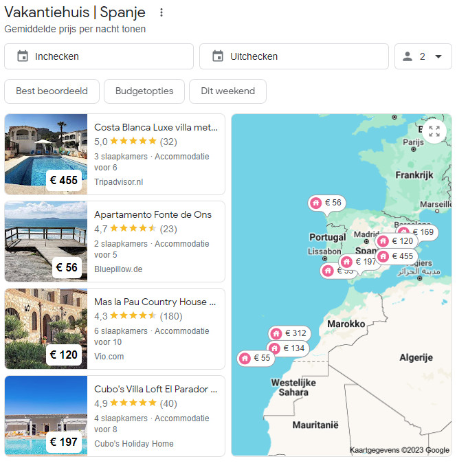 Zoekmachine Resultatenpagina Met Vakantiewoningen