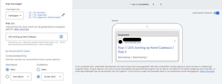 Kop Component Toegevoegd Aan Google Ads Compenenten Google Ads Extensies