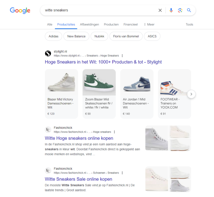 Zoekopdracht In Productsites In Google