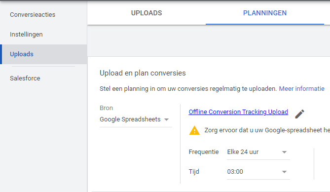 Geplande Upload Offline Conversion Tracking