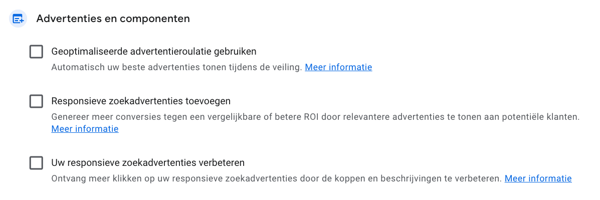 Advertenties en componenten aanbeveling in Google Ads