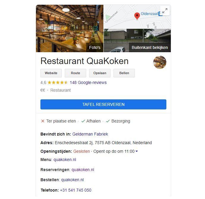 Kenmerken voor restaurants in Google Mijn Bedrijf