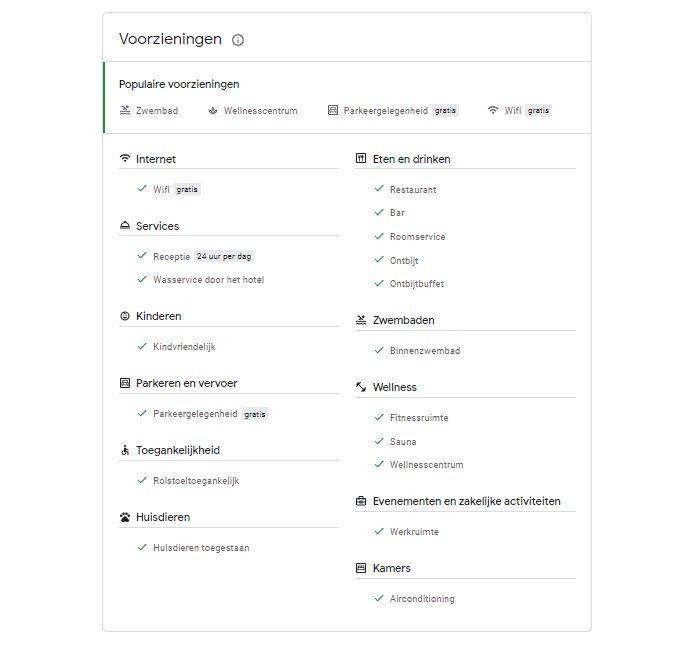 Hotel voorzieningen in Google Mijn Bedrijf