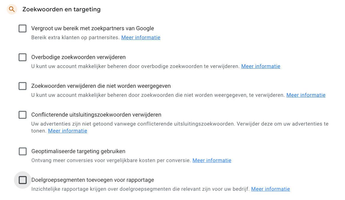Zoekwoorden en targeting aanbeveling in Google Ads
