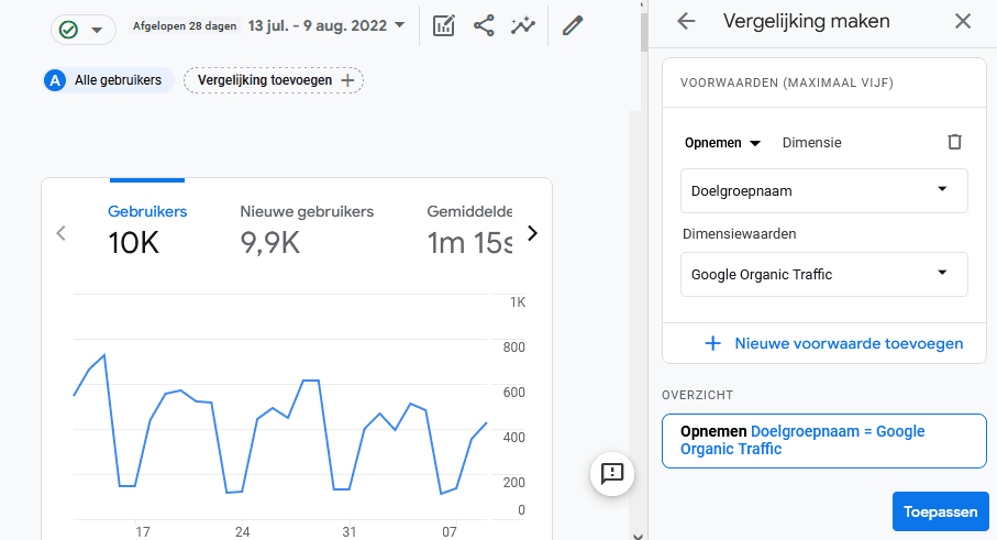 een vergelijking maken met segment toegevoegd