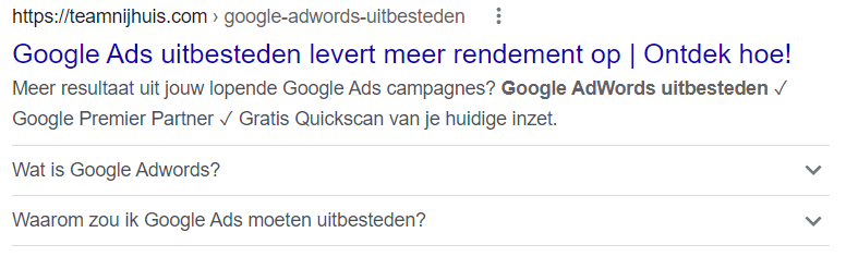 Voorbeeld van een FAQ snippet aan je zoekmachineresultaat