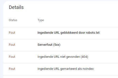Crawling fouten in het dekking rapport van Google Search Console