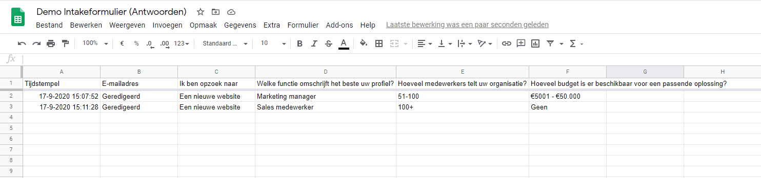 Resultaten in de online omgeving van Google Docs