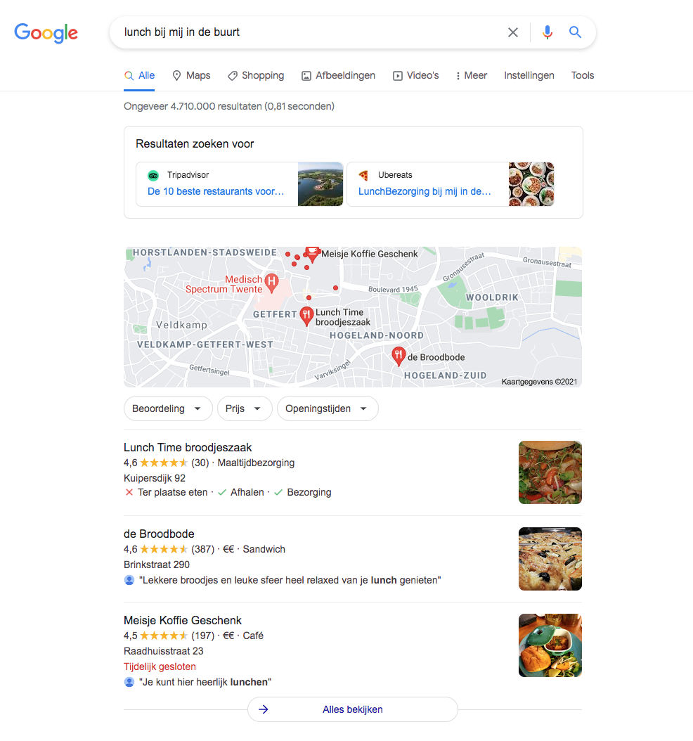 Lokale zoekopdracht resultaten in Google Mijn Bedrijf