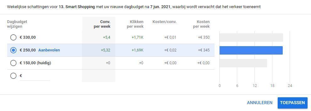 Verhoog de budgetten aanbeveling in Google Ads