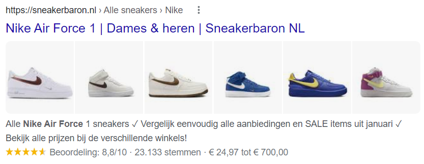 Product structured data toegevoegd aan verschillende schoenen