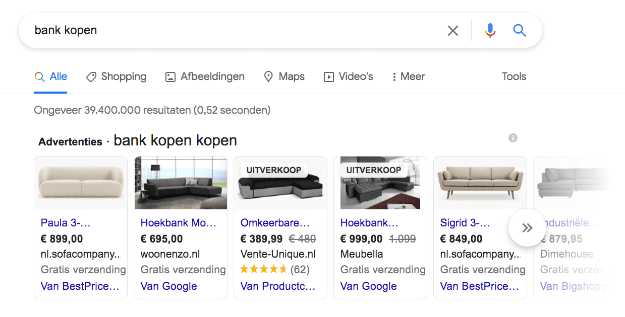Google Shopping advertenties in de zoekmachine 