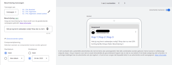 Beschrijvingsregel Component Toegevoegd Google Ads Compenenten Google Ads Extensies