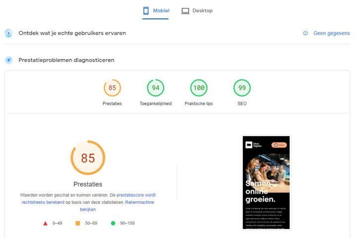 Pagespeed Resultaten Van Een Website Voor Livegang