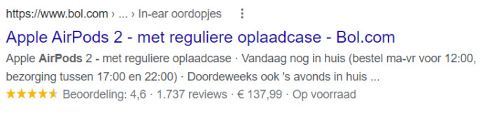 Voorbeeld product rich snippet in de zoekmachine