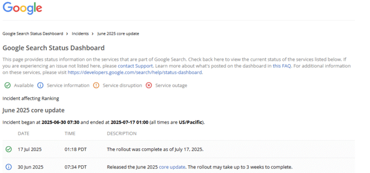 Google Search Status Dashboard June