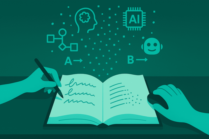 Moderne Storytelling Maakt Gebruik Van Mens En Machine. Een Illustratie Van Iemand Die Met De Linkerhand Schrijft En Rechterhand Een Computermuis Vast Heeft