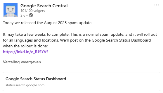 Google Search Central Linked In Post Spam Update August