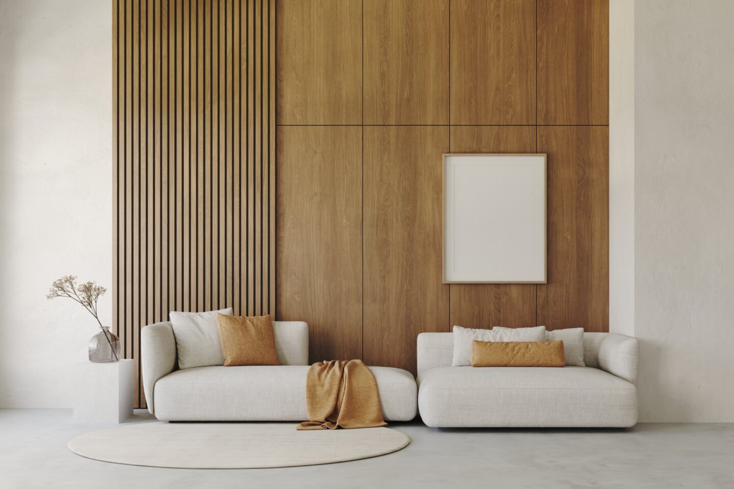 3d Rendering Of Modern Living Room With White Sofa And Coffee Table, Decorative Wall With Embossed Panels, Carpet On Concret Floor. Frame Mockup