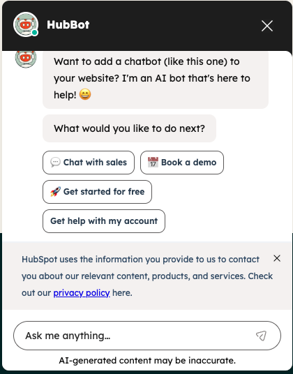 Hubspot Chatbot Voorbeeld Die Ingaat Op Het Onderwerp (c) Hubspot